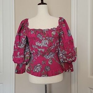 LOVE THE LABEL Smocked Floral Top Sz L Square Neck Cottagecore Puff Sleeve Artsy